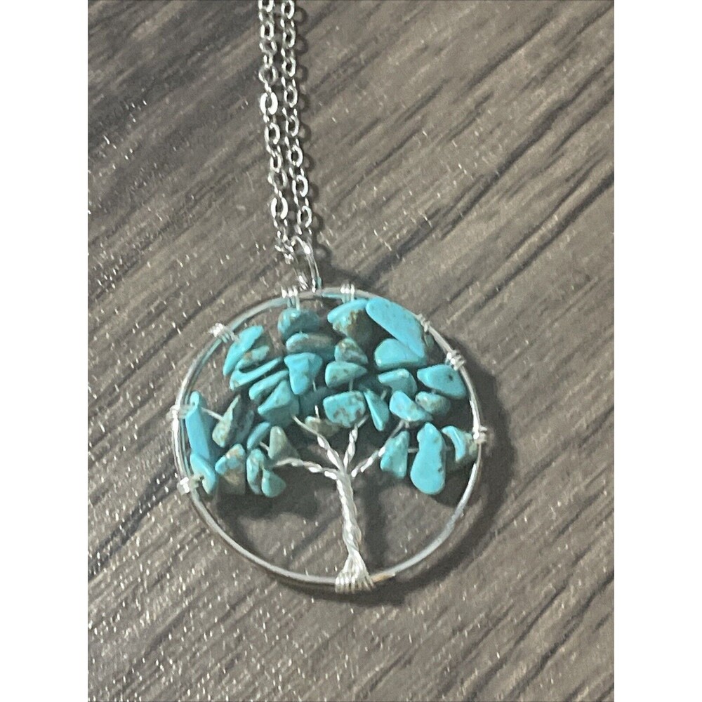 Turquoise Tree of Life Pendant + 20" Stainless Steel Chain Blue Gift Bag